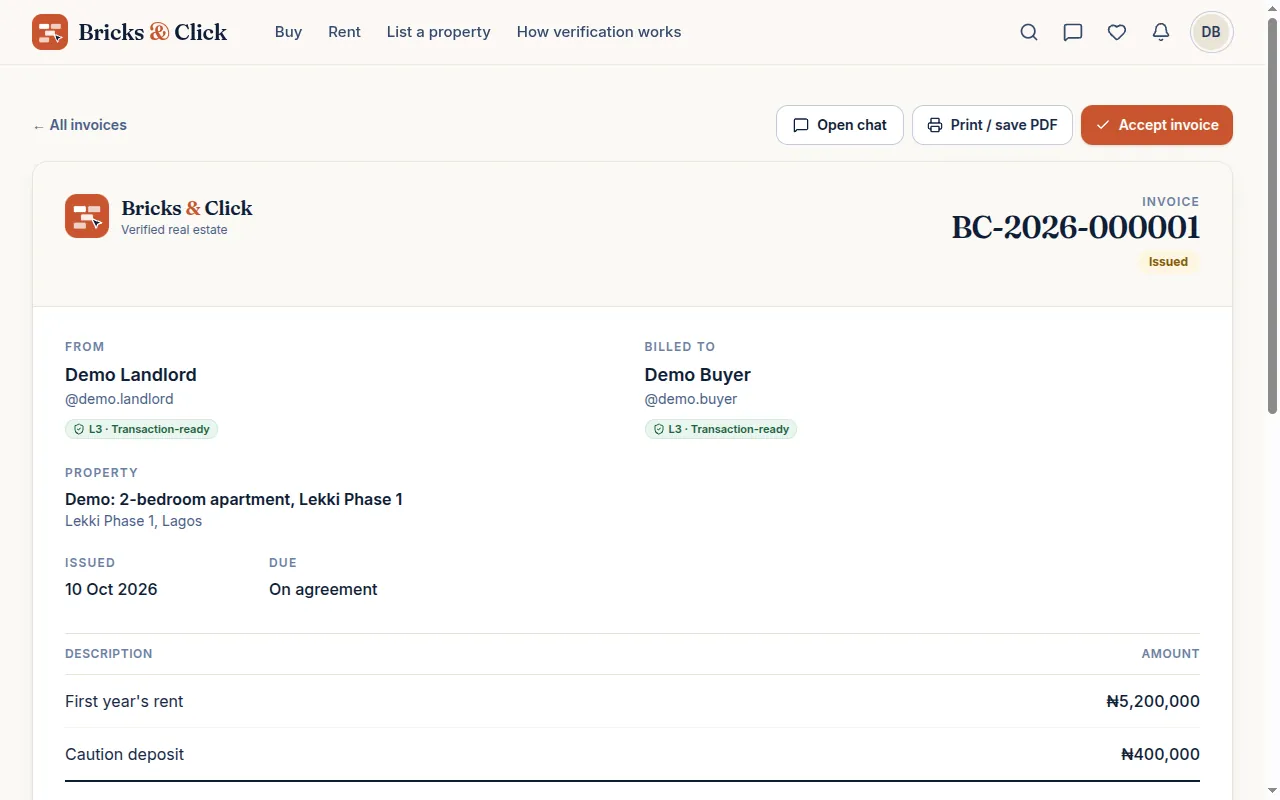 A printable invoice between two verified users