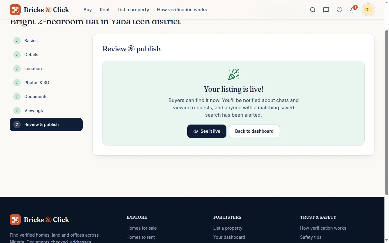 The listing is live confirmation